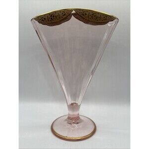Vintage Pink Ribbed Depression Glass 8.5" Fan Vase Gold Trim